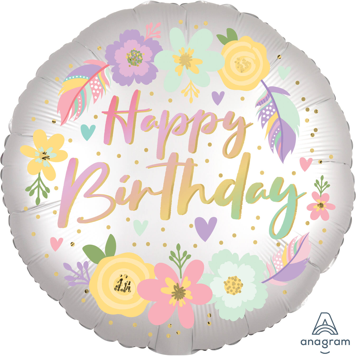 Foil Balloon - "Happy Birthday" - Flowers - Satin - 45 cm
